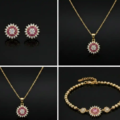 gold plated crystal floral necklace earrings bracelet set for women
