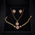 gold plated crystal floral necklace earrings bracelet set for women