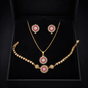 gold plated crystal floral necklace earrings bracelet set for women