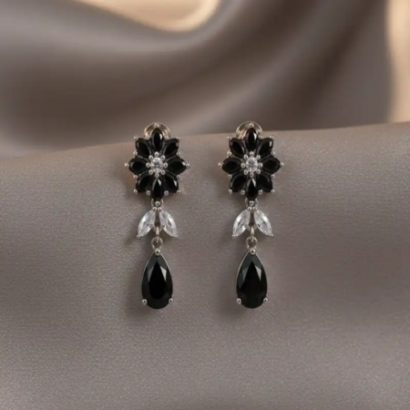 Glamorous Silver-Plated Black Crystal Floral Drop Earrings (1)